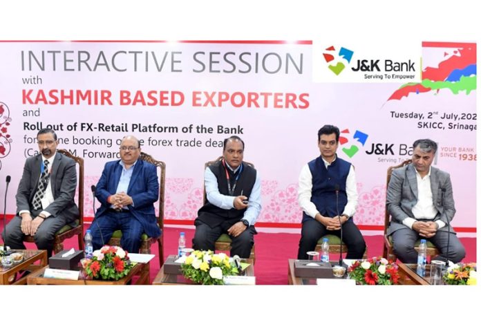 MD and CEO of J&K Bank, Baldev Prakash during an interaction with exporters in Srinagar on Tuesday.