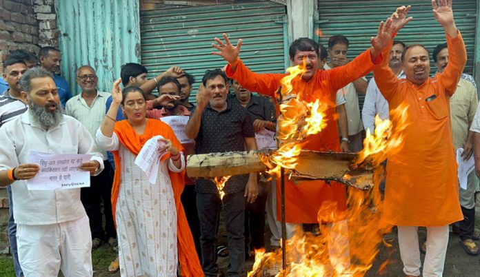 Shiv Sena leaders torching an effigy of Pakistan during a protest demonstration at Jammu on Friday.