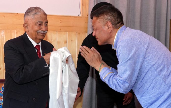 Sikyong Penpa Tsering greeting LG Ladakh Brig (Retd) BD Mishra in Leh on Tuesday.