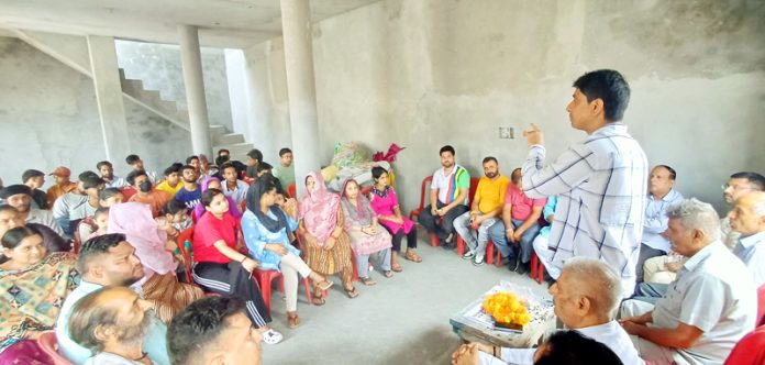 IYC gen secy, Uday Chib addressing Cong workers meeting in Jammu North on Thursday.