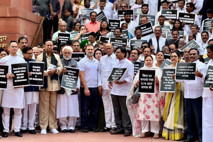 INDIA Bloc Parties Protest Against GST On Health, Life Insurance Premiums