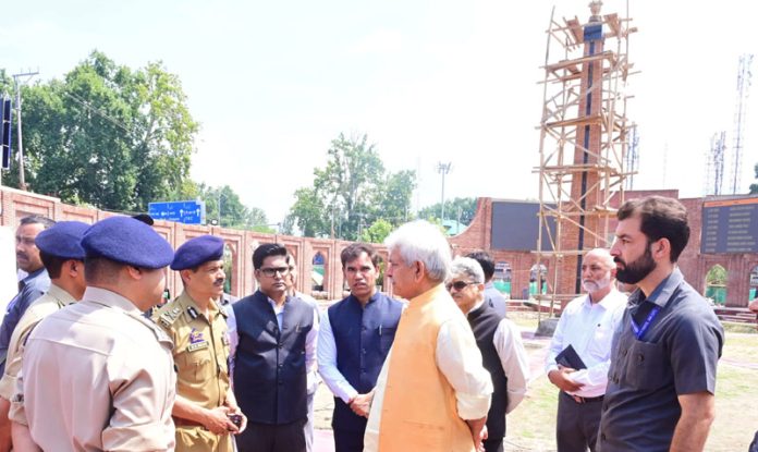 LG Manoj Sinha inspecting progress of ‘Balidan Stambh’ at Srinagar.