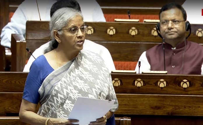 Union Finance Minister Nirmala Sitharaman speaking in the Rajya Sabha on Wednesday. (UNI)