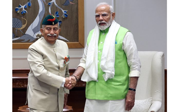 Lieutenant Governor of Ladakh Brig (Dr) B D Mishra in a meeting with Prime Minister Narendra Modi in New Delhi.