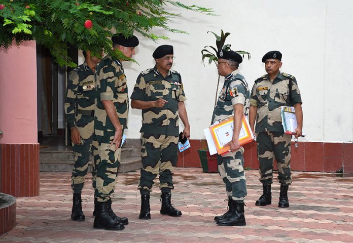 Special Director General, BSF, Western Command, Chandigarh, Y B Khurania being received by the officials of Jammu Frontier on Friday. (UNI)