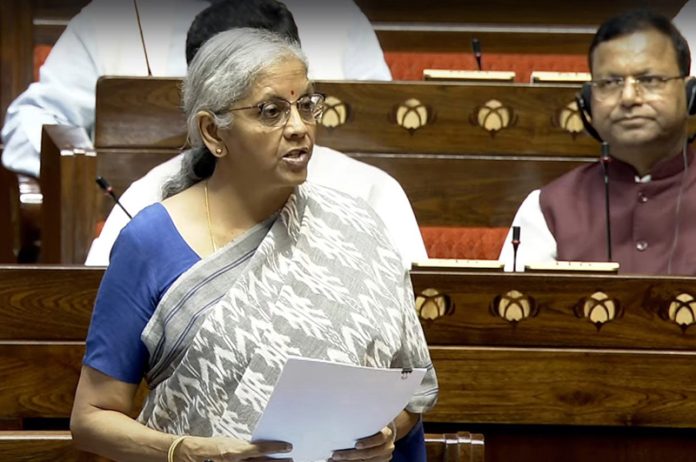 Union Finance Minister Nirmala Sitharaman speaking in the Rajya Sabha on Wednesday. (UNI)