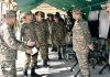 Northern Army Commander Lieutenant General M V Suchindra Kumar interacting with jawans during his visit to forward areas in Ladakh.