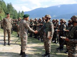 Northern Command chief Lt Gen MV Suchindra Kumar meeting the Army jawans in Doda area on Tuesday.