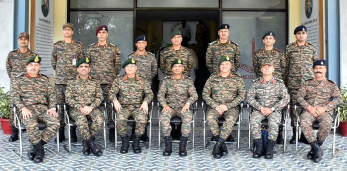 Army Commanders with senior officers at Rajouri on Friday. — Excelsior/Imran