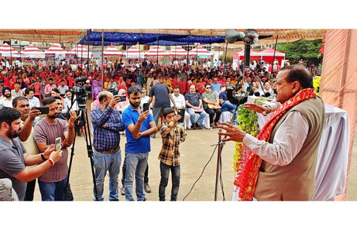 Union Minister Dr Jitendra Singh  addressing a public rally at Chenani on Sunday.