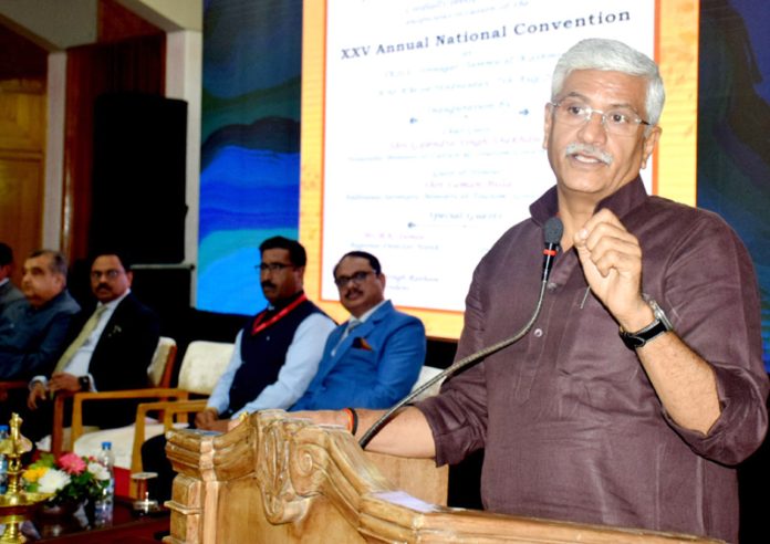 Union Minister for Tourism Gajendra Singh Shekhawat during the annual national convention of Tourist Guides' Federation of India at SKICC, Srinagar. -Excelsior/Shakeel