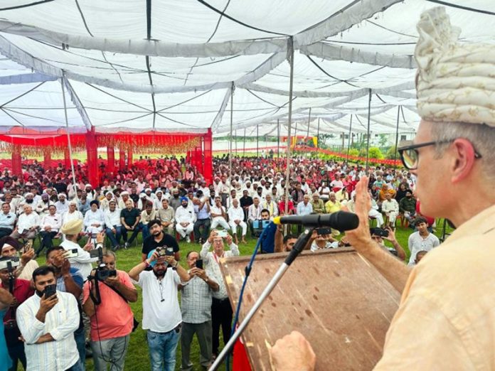 NC vice president Omar Abdullah addressing a public rally at Nagri, Kathua on Wednesday.