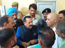 Union Minister Dr Jitendra Singh listening to people during public darbar at Kathua on Tuesday.