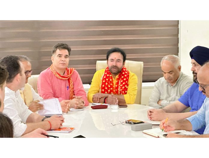 Union Minister G Kishan Reddy with other BJP leaders in party’s Election Manifesto Committee meeting at Jammu on Sunday.