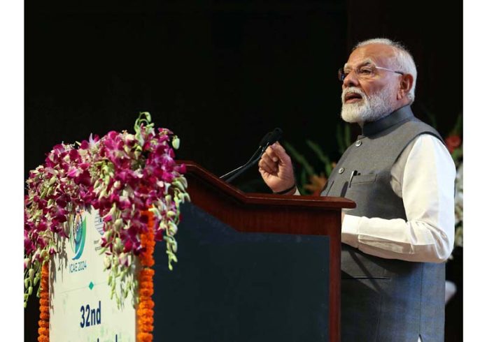 Prime Minister Narendra Modi addressing at the inauguration of the 32nd ICAE in New Delhi on Saturday. (UNI)