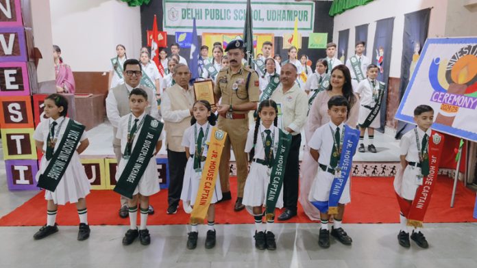 DIG Udhampur-Reasi range Rayees Mohd Bhatt posing along with newly elected Student’s Council at DPS Udhampur.