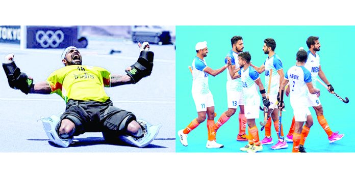 Indian Hockey team goal keeper PR Sreejesh (L) and team-mates celebrating after beating Great Britain by 4-2.