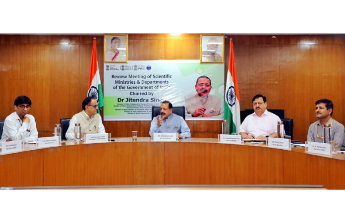 Union Minister Dr Jitendra Singh chairing a joint meeting of all the Science Ministries & Departments, at Prithvi Bhavan, New Delhi on Saturday.