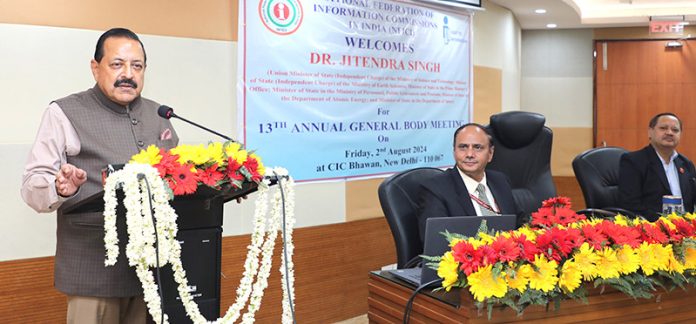 Union Minister Dr Jitendra Singh addressing Central and State Information Commissioners at the Annual General Body Meeting at the Central Information Commission headquarters, New Delhi on Friday. Also seen is Chief Information Commissioner of India, Heeralal Samariya.