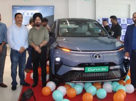 Transport Commissioner, Rajinder Singh Tara and others posing with Tata Curvv EV after unveiling it at Fairdeal Motors Jammu. —Excelsior/Rakesh