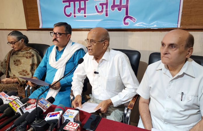 Office bearers of Team Jammu and Dogri Sanstha during a press conference at Jammu. -Excelsior/Rakesh