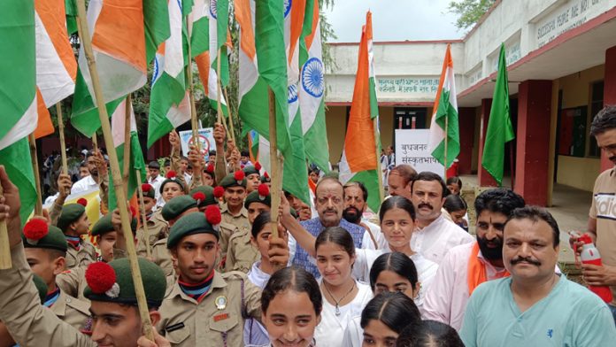 Senior BJP leader Devender Singh Rana during an awareness rally at Gharota on Wednesday.