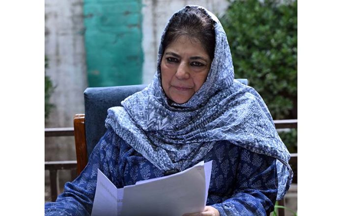 PDP supremo Mehbooba Mufti addressing a press conference, in Srinagar on Friday. (UNI)