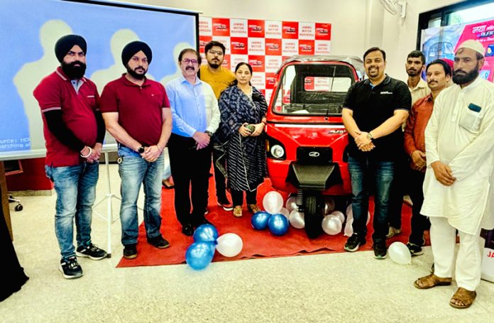 Dignitaries during the launch of Mahindra e-Alfa Plus in Jammu on Tuesday.