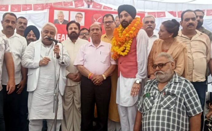 Former Minister Ajay Sadhotra and other senior NC leaders during a public meeting at Shastri Nagar, Jammu.