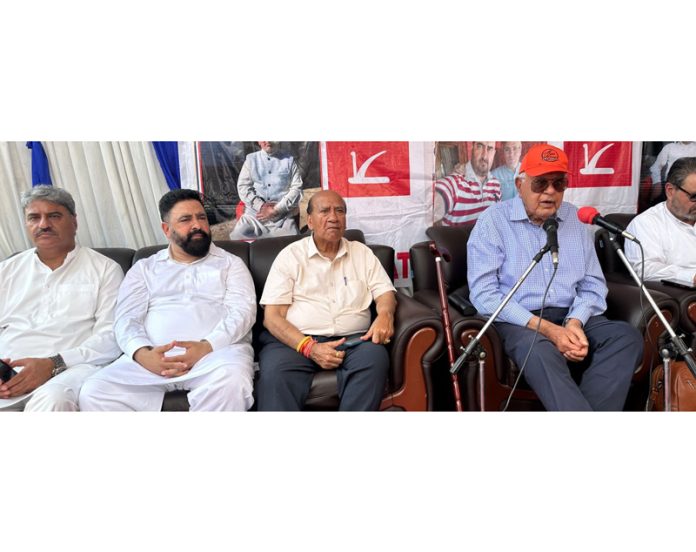 NC president, Dr Farooq Abdullah addressing party functionaries during a convention in Doda district.