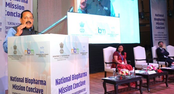 Union Minister Dr Jitendra Singh speaking after launching 'Impact Report 2024' during the National Biopharma Mission Conclave at Dr. Ambedkar International Centre, New Delhi on Thursday.