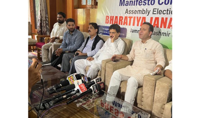 BJP leaders during a press conference at Srinagar on Thursday - Excelsior/Shakeel