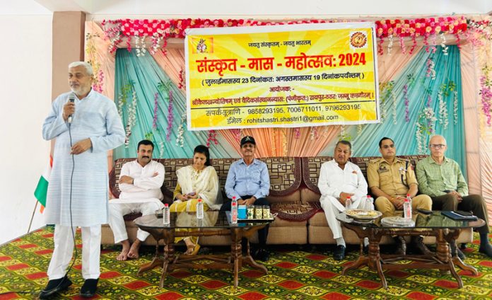 Former Minister, Sham Lal Sharma speaking at a function in Jammu on Tuesday.