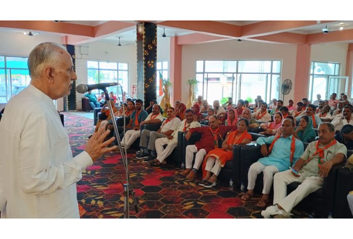 Ex-MP and senior BJP leader Shamsher Singh Manhas addressing 'Tridev Sammelan' in Samba district.