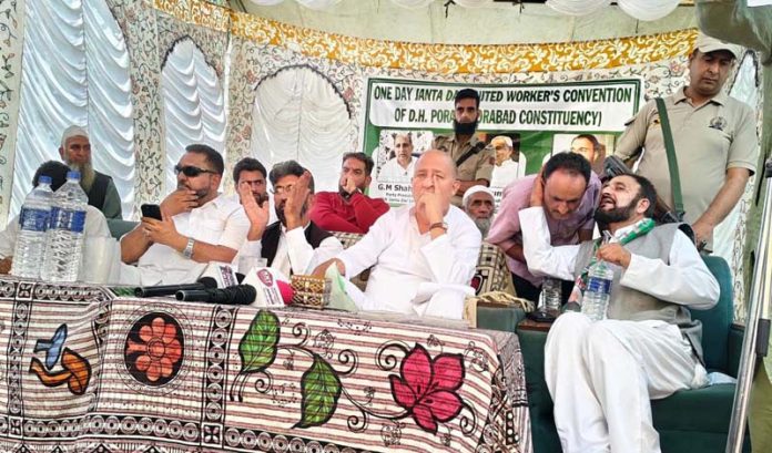 JDU, President for J&K, GM Shaheen addressing a public gathering in Kulgam on Wednesday.