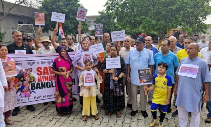 People during a protest at Sainik Colony, Jammu on Saturday.