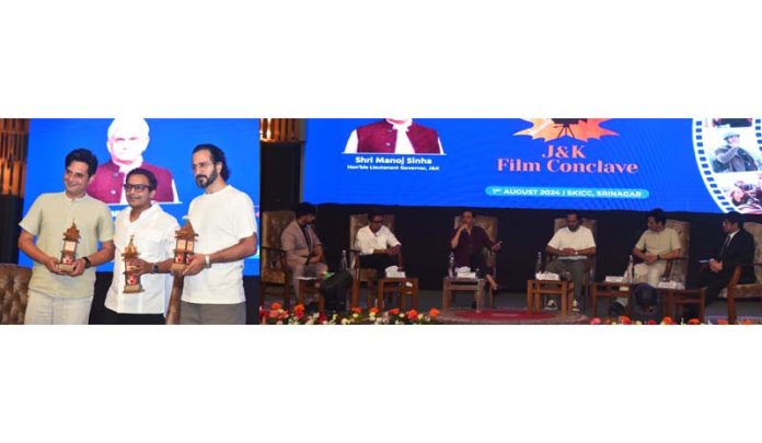 Winners of Naya Jammu Kashmir Short Film Making Competition posing for a photograph (L) and dignitaries during inauguration of J&K Film Conclave. (R)