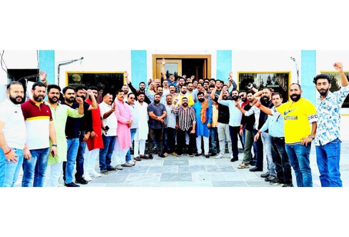 YRS members raising slogans in favour of Statehood, in Jammu on Sunday.