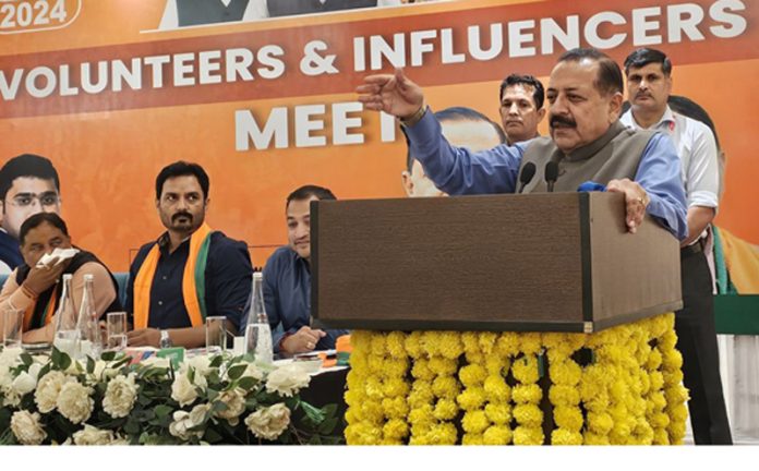 Union Minister, Dr Jitendra Singh addressing Influencers Meet organised by BJP Social Media Department at Jammu on Sunday.