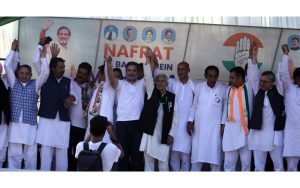 Cong leader Rahul Gandhi addressing a public rally at Dangerpora, Sopore on Wednesday.               -Excelsior/Aabid Nabi