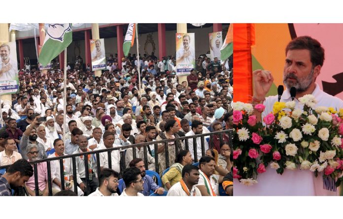 LoP in Lok Sabha Rahul Gandhi addressing an election rally in Jammu on Wednesday. -Excelsior/Rakesh