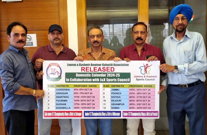 Office bearers of J&K Amateur Kabaddi Association releasing Domestic Calendar 2024-25.