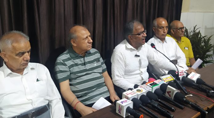 Kashmiri Pandit leaders addressing media persons in Jammu on Sunday.