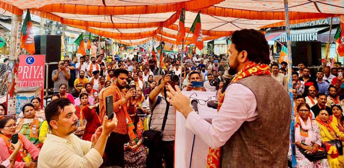 Former Minister and senior BJP leader Anurag Thakur addressing an election rally in Kishtwar on Monday.