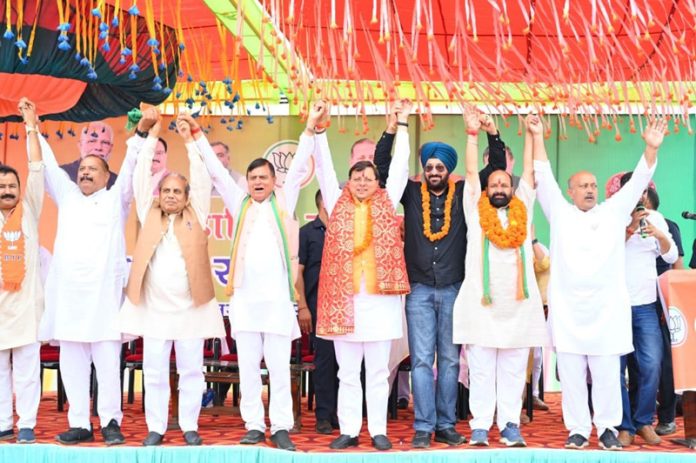 Uttarakhand Chief Minister, Pushkar Singh Dhami at an election meeting with other BJP leaders at Basantpur, Basohli on Thursday.