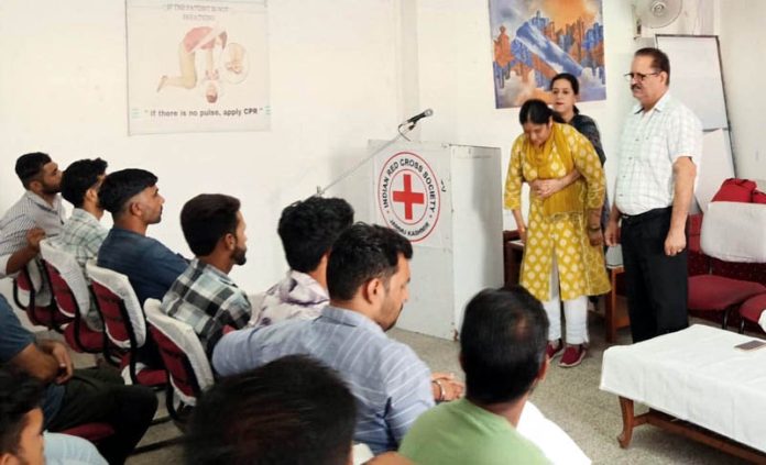 A participant undergoes training on First Aid skills at Red Cross Bhawan, Kachi Chawni, Jammu on Saturday.