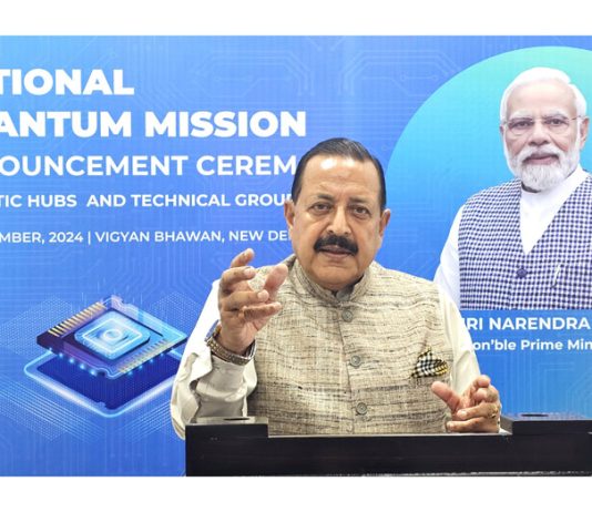 Union Minister Dr Jitendra Singh virtually addressing the Announcement Ceremony of Thematic Hubs of "National Quantum Mission" at New Delhi on Monday.