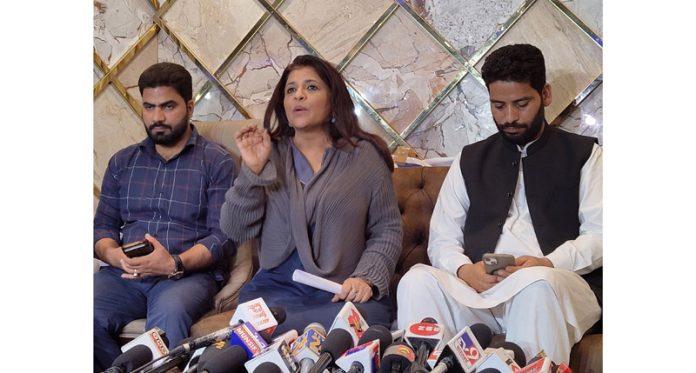 BJP leader Shazia Ilmi along with party candidate for the Lal Chowk constituency, Er Aijaz Hussain during a press conference in Srinagar. -Excelsior/Shakeel