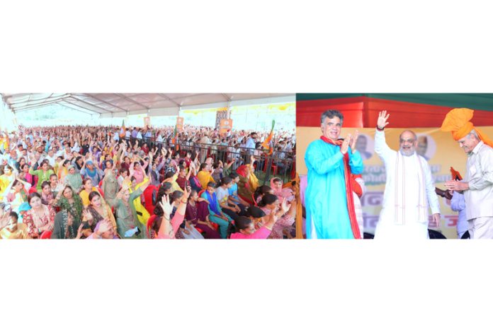 Union Home Minister Amit Shah addressing a mammoth public rally at Nowshera on Sunday.