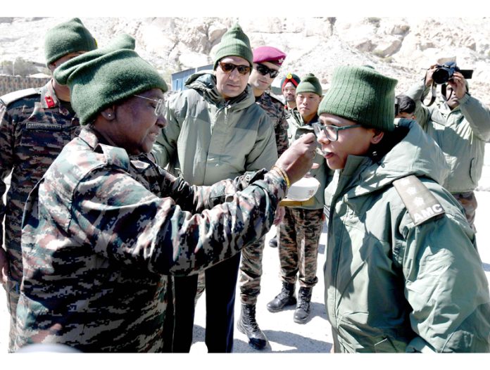 President Droupadi Murmu interacting with soldiers during her visit to Siachen base camp on Thursday. (UNI)